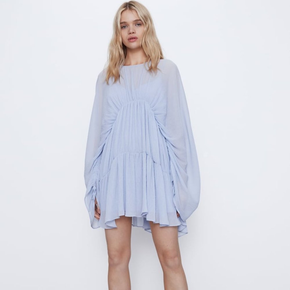 Zara | Light Blue Draped Pleated Chiffon Mini Dress NWT